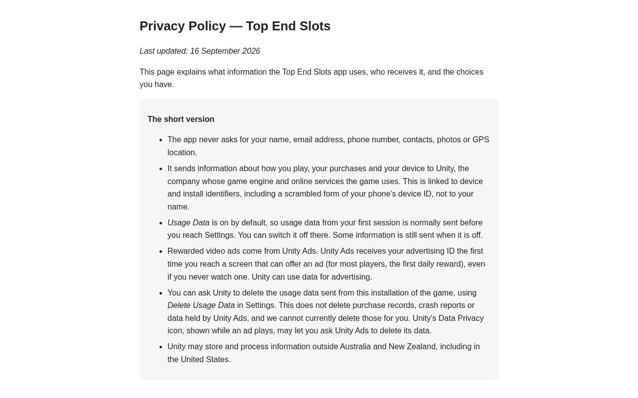 Preview of Privacy policy for Top End Slots (Panopt Alpha)