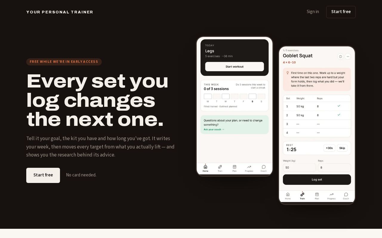 Preview of AI personal trainer app that builds a training plan and adapts it as you train