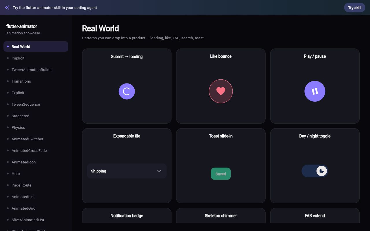 Preview of Flutter animation showcase for the flutter-animator skill