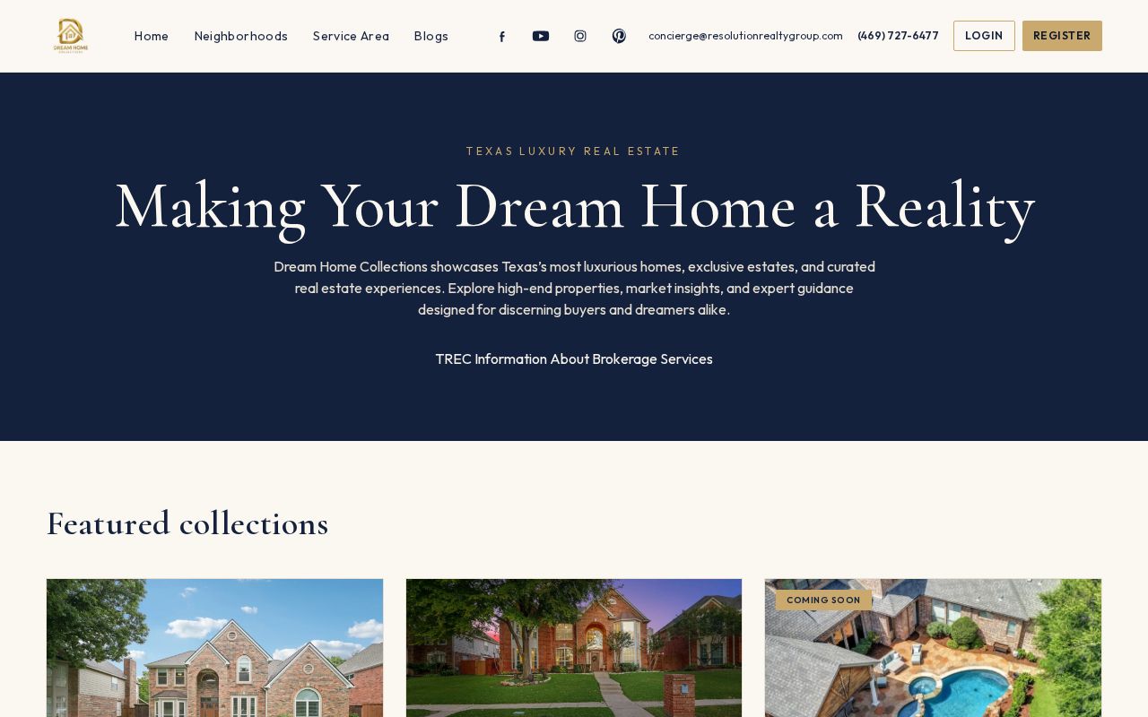 Preview of Next.js rebuild of Dream Home Collections — Texas luxury real estate.