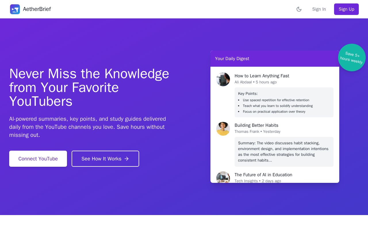 Preview of AetherBrief: Youtube Summary Platform