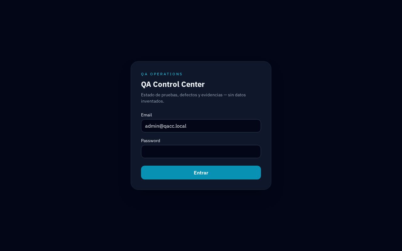 Preview of QA Control Center — consolidates QA matrices, evidence, defects and reports