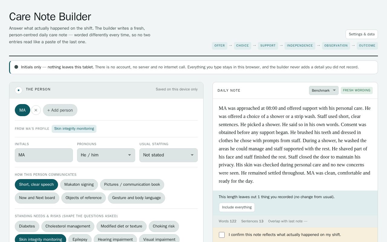 Preview of Care Note Builder