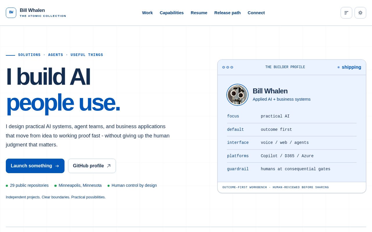 Preview of Bill Whalen's digital resume and public project launchpad.