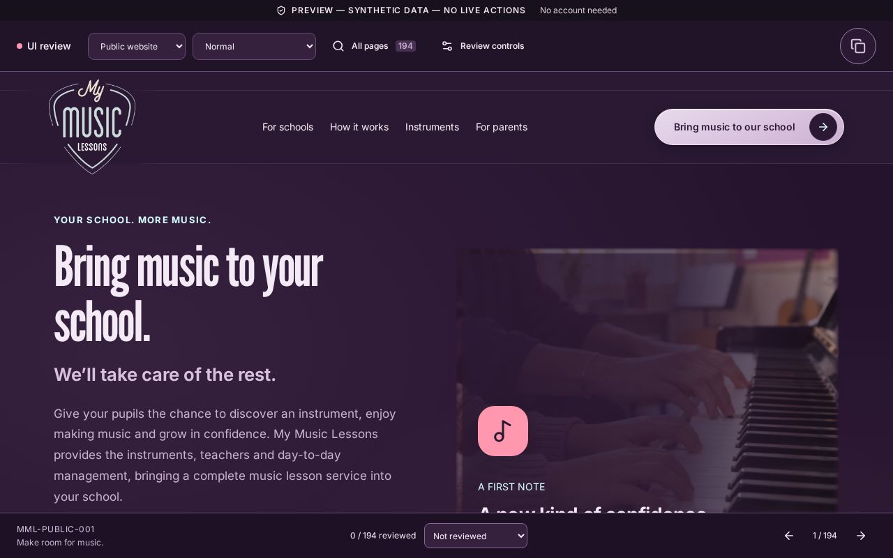 Preview of My Music Lessons - synthetic UI team preview (demonstration data only, no live actions)