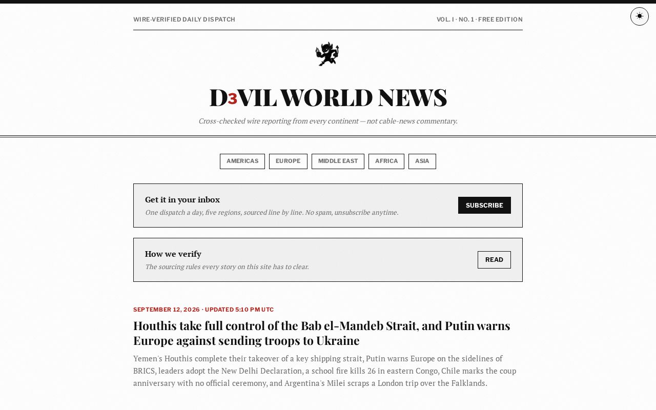 Preview of Pilot: cross-checked wire-sourced world news, Americas + Europe editions