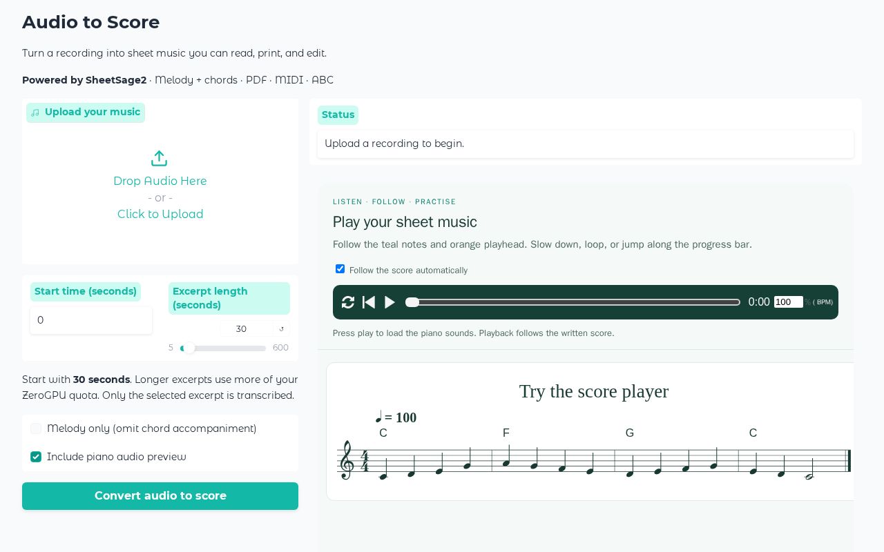 Preview of Audio to Sheet Music - Interactive Score Player