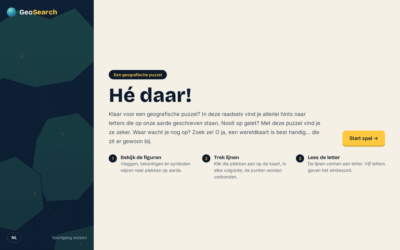 Preview of GeoSearch: een geografische puzzel. Trek lijnen op de wereldkaart en ontdek het eindwoord.
