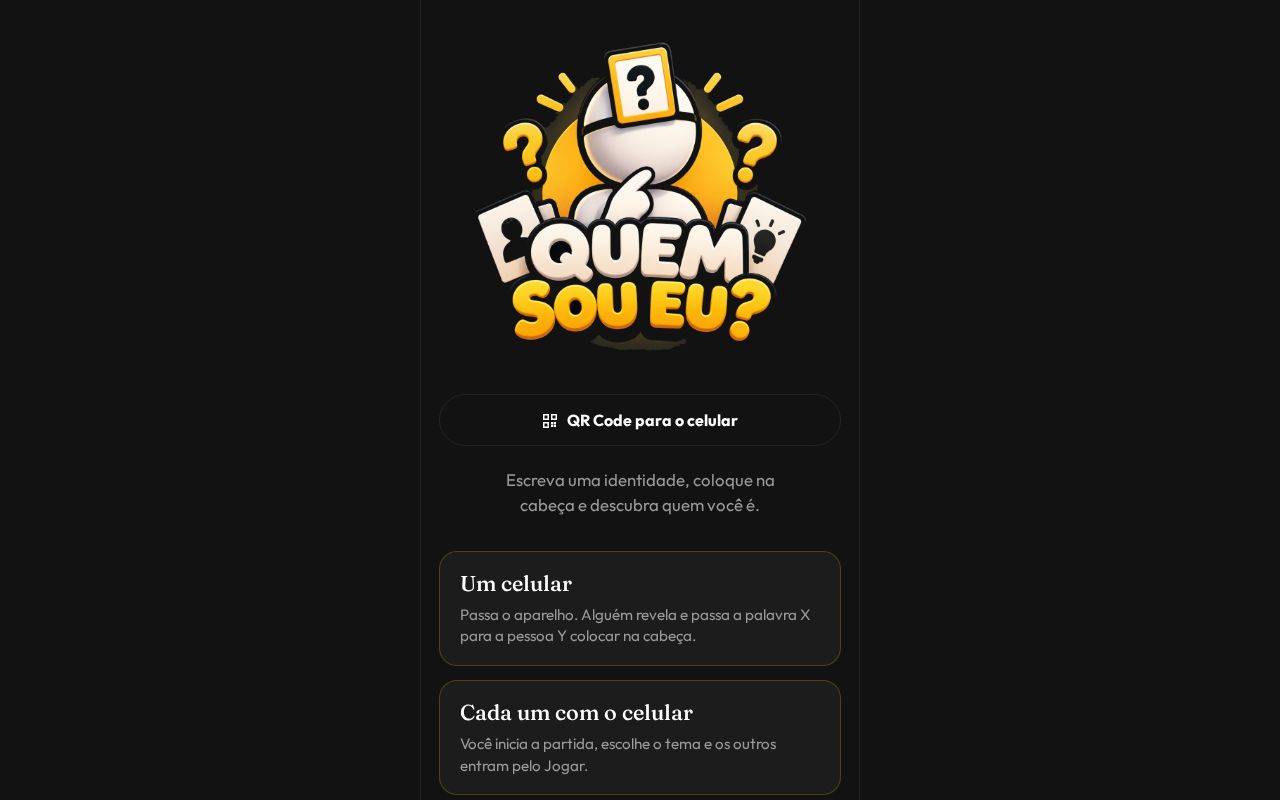 Preview of Jogo Quem Sou Eu? no estilo Impostor — arraste para cima e descubra quem você é