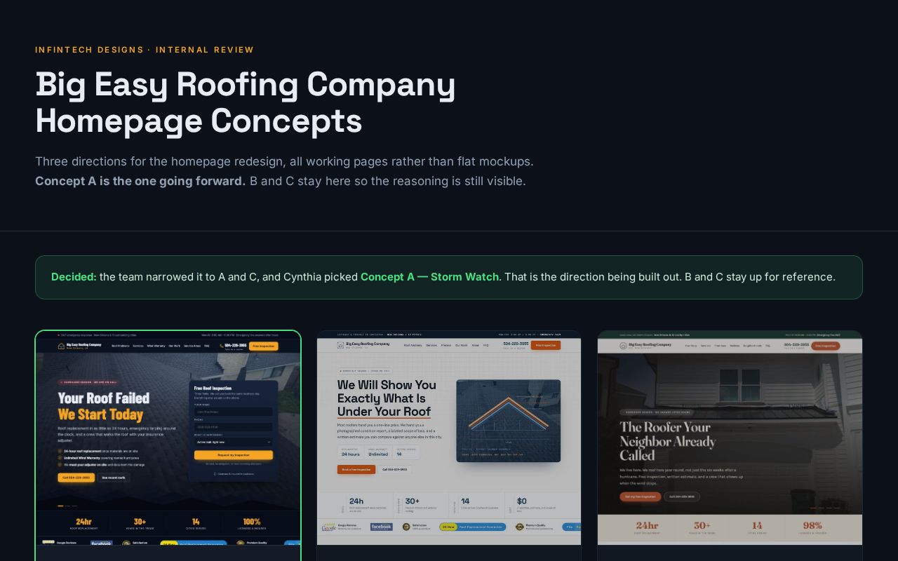 Preview of Three homepage concepts for Big Easy Roofing Company (Infintech Designs) - internal review
