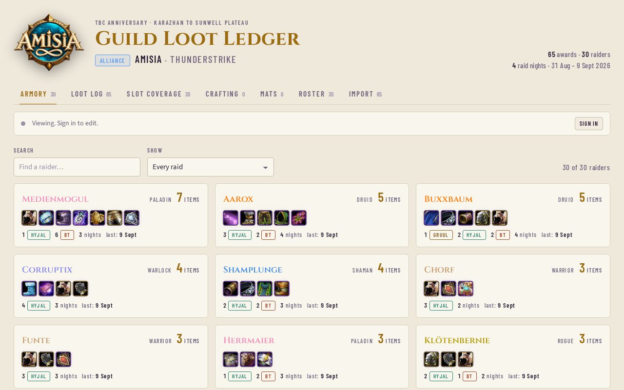 Preview of Amisia guild loot ledger