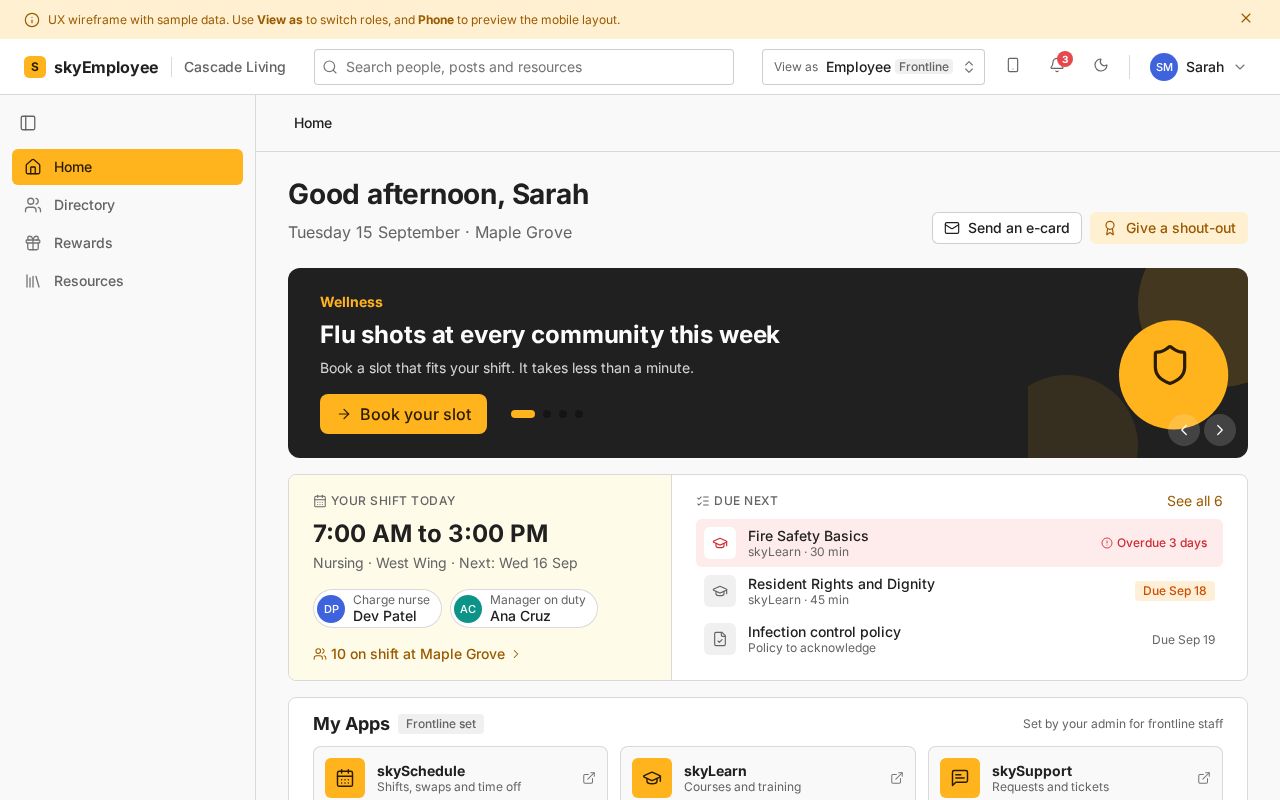 Preview of skyEmployee clickable UX wireframe (sample data)