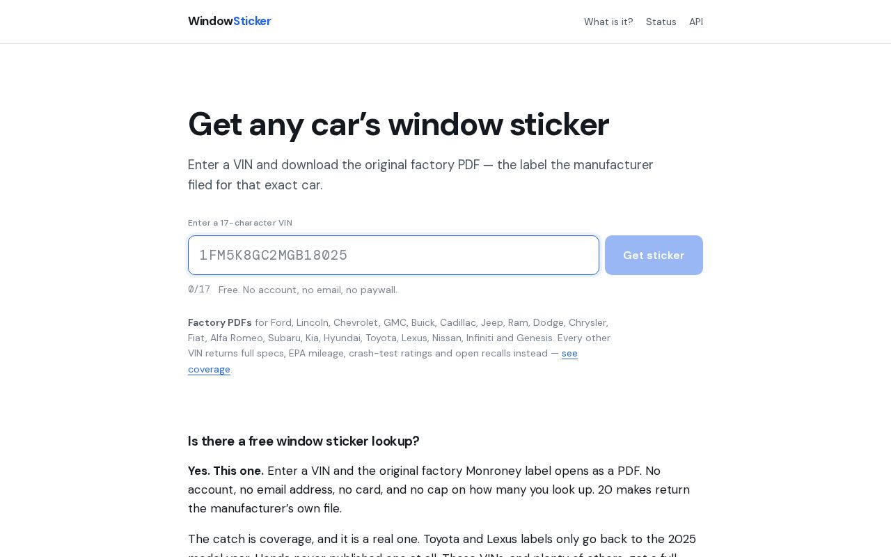 Preview of Window Sticker Vin Api
