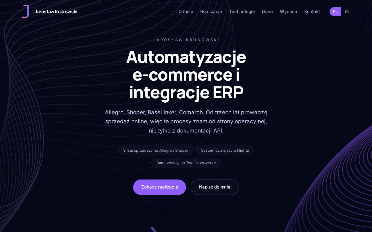 Preview of Personal site: e-commerce automation and ERP integrations. React, Three.js, Tailwind.