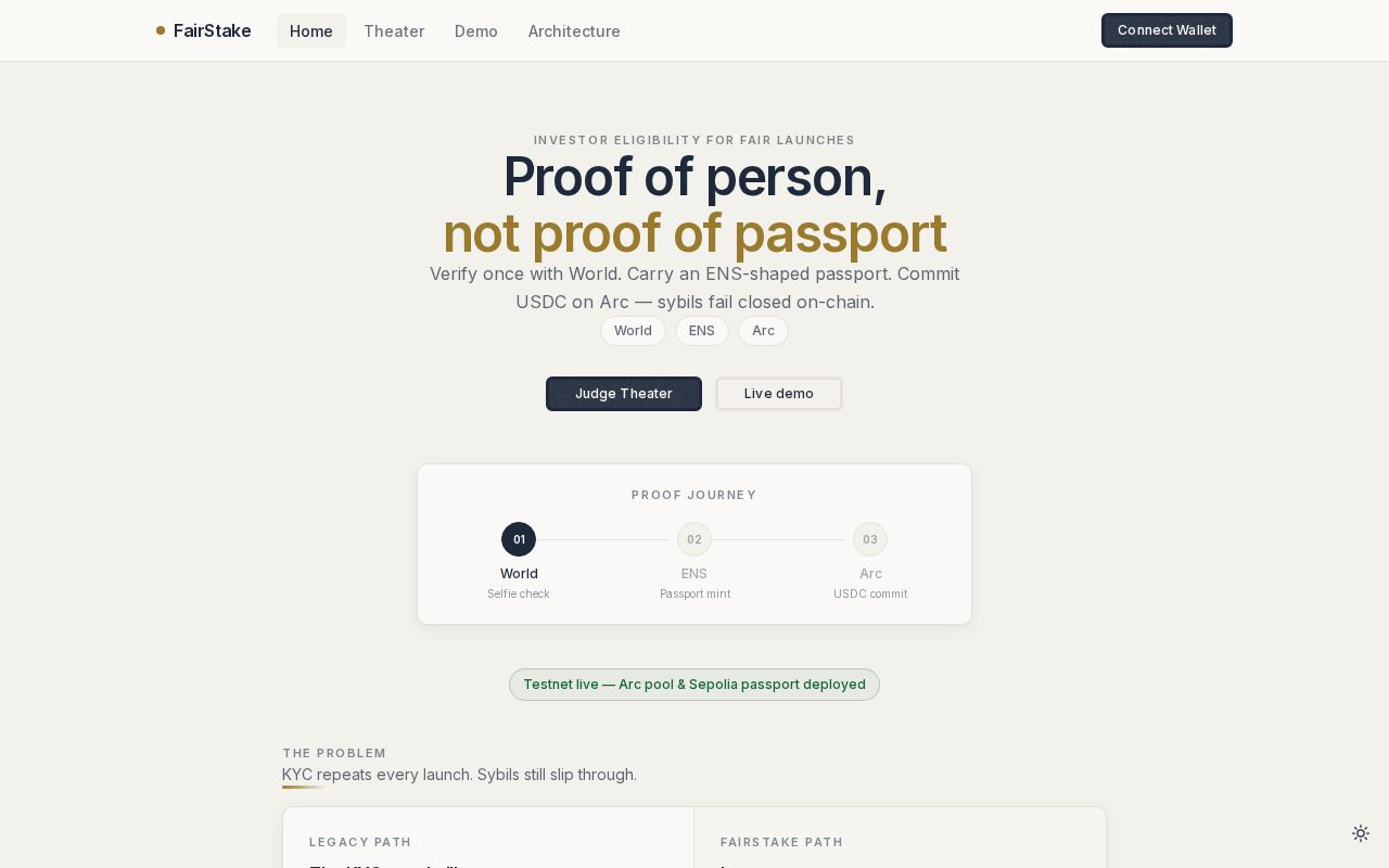Preview of FairStake — sybil-resistant fair launches (World · ENS · Arc)