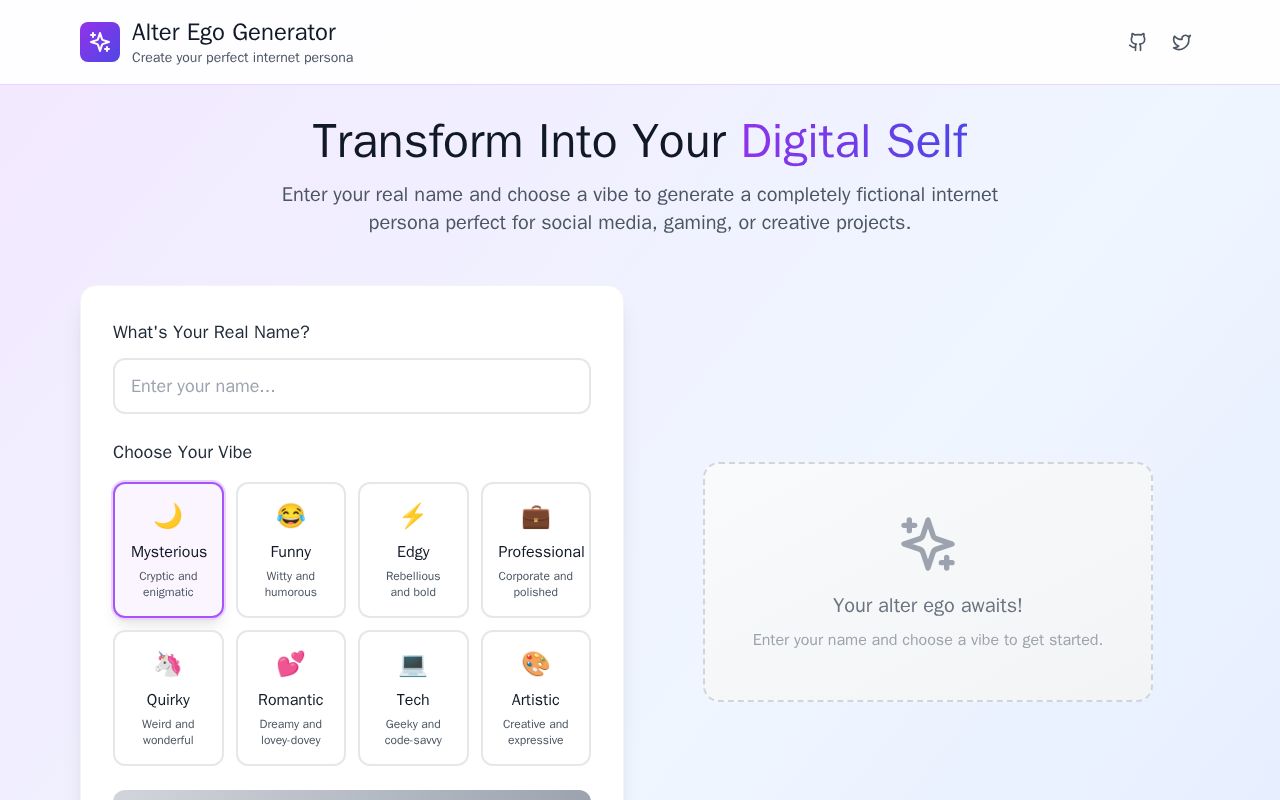Preview of AltMe — “Your Internet Alter Ego” Generator