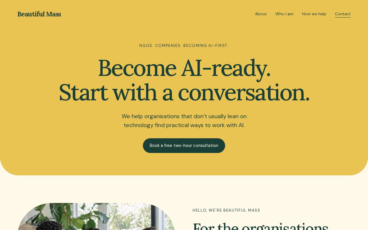 Preview of Company site for Beautiful Mass — helping NGOs and companies become AI-ready.