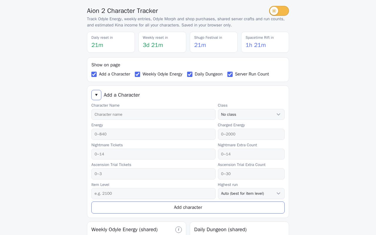 Preview of Aion2 Character Tracker
