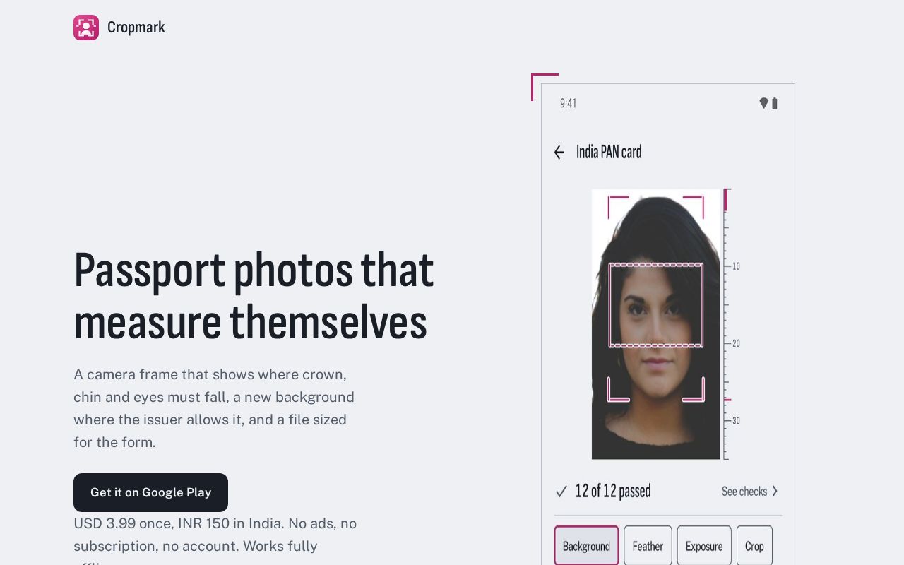 Preview of Cropmark: passport photos that measure themselves, offline