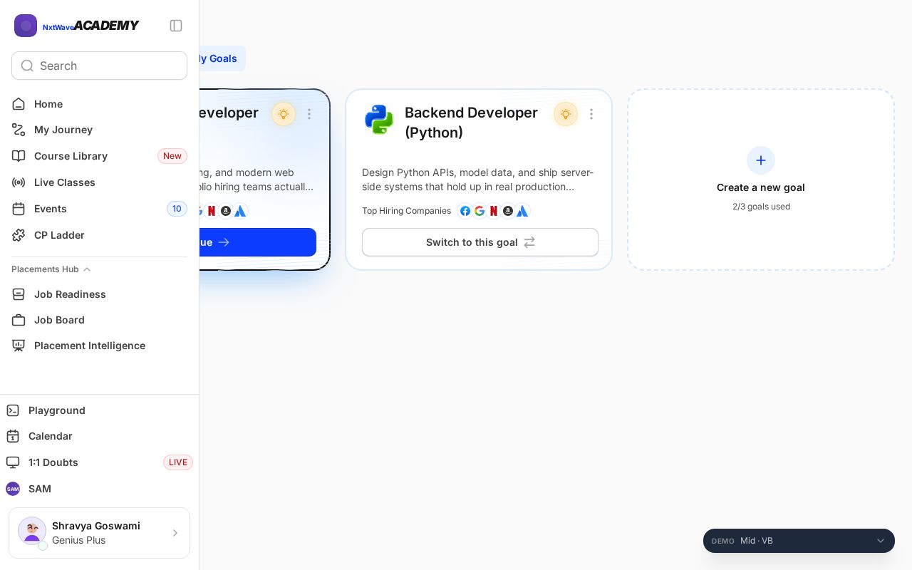 Preview of NxtWave Academy My Goals interactive UI prototype