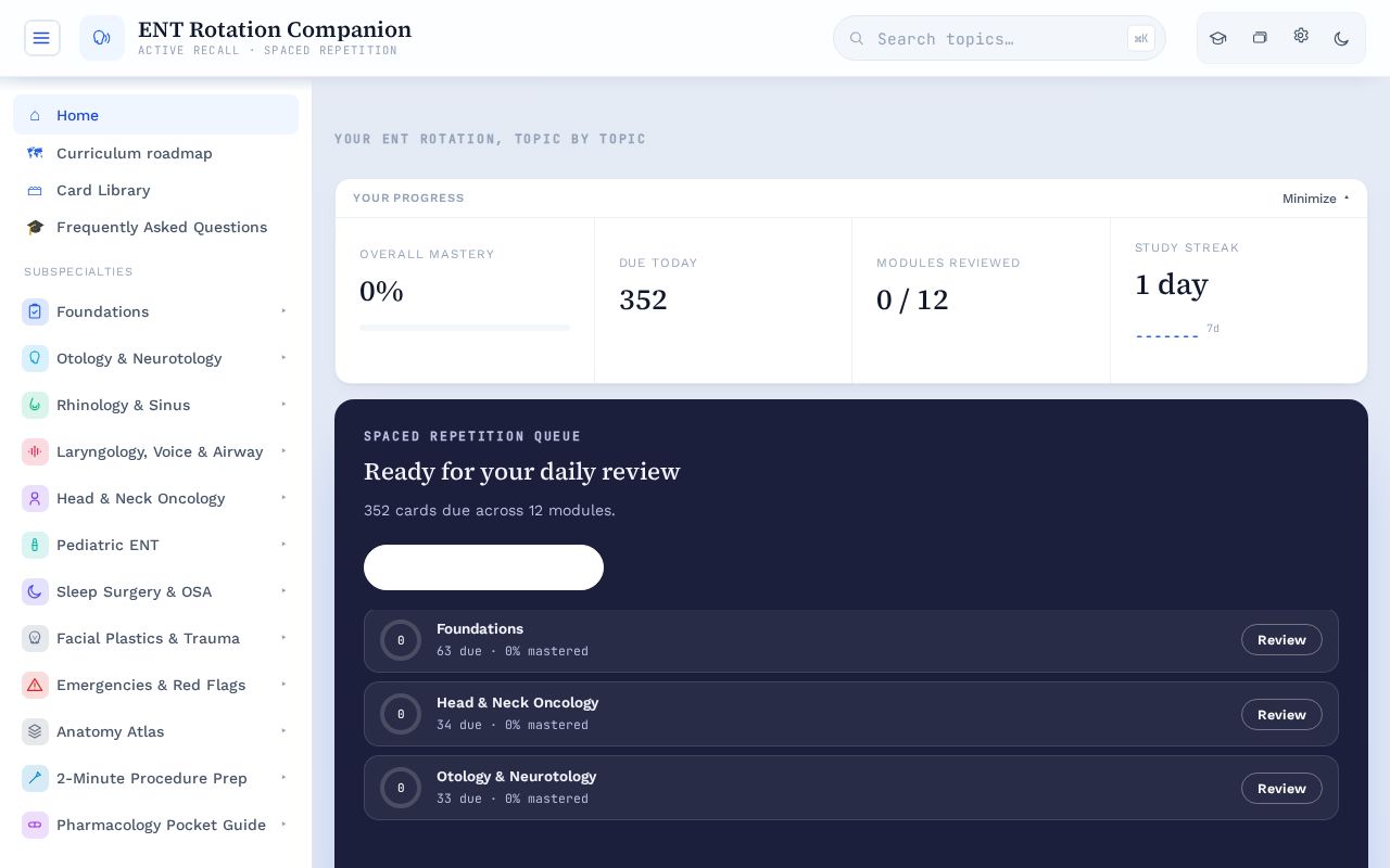 Preview of JeffENT Rotation Companion — active-recall ENT rotation study tool