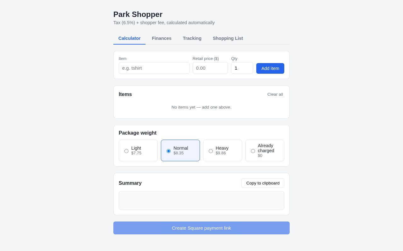 Preview of Park Shopper Calculator