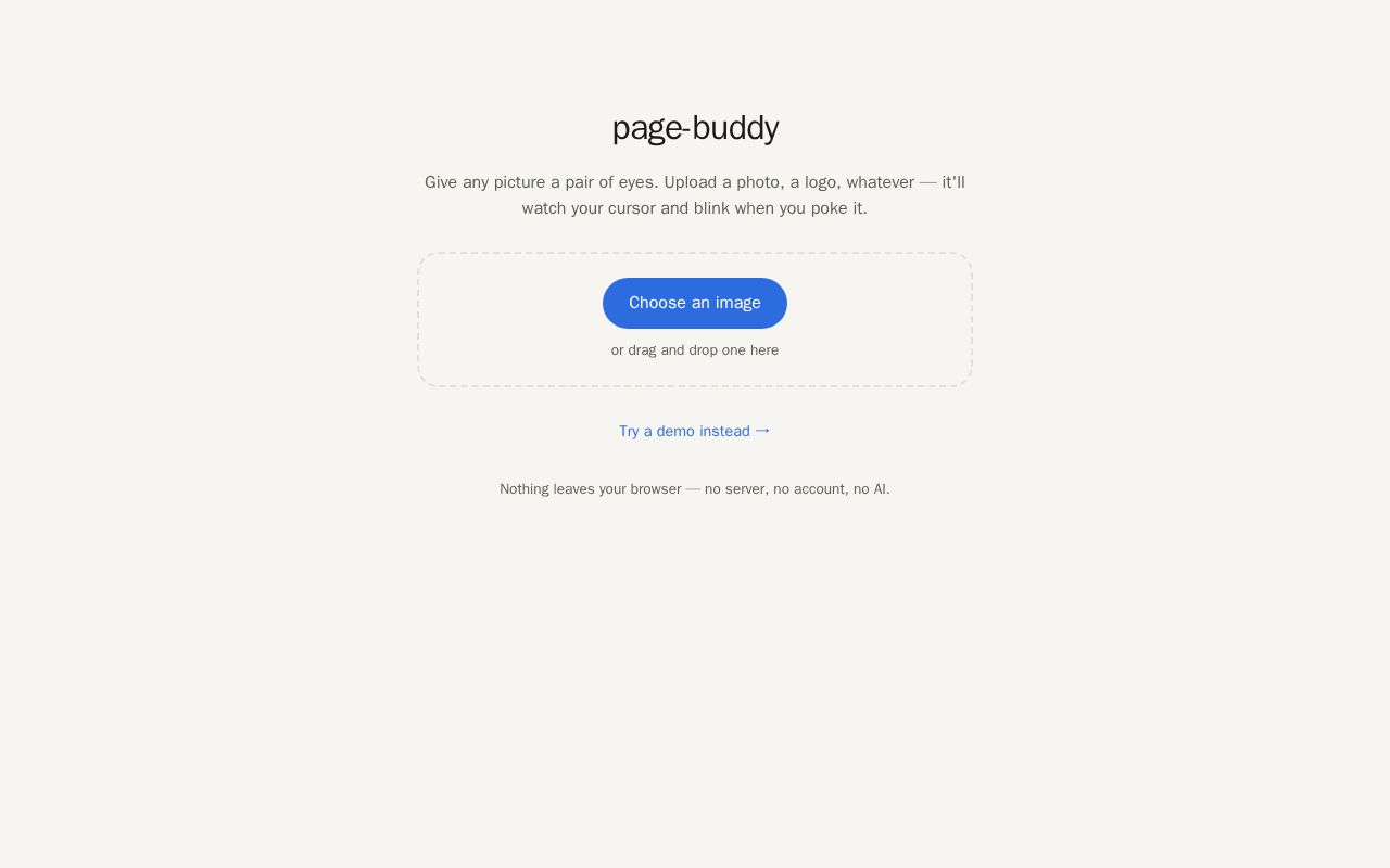 Preview of Upload any image, get a cursor-tracking, blinking mascot. No AI, no server.