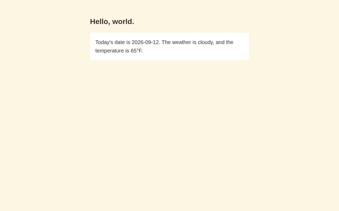Preview of Simple hello-world page showing today's weather from a CSV