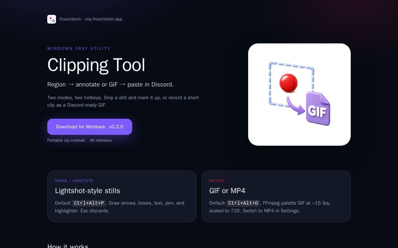 Preview of Windows region-to-GIF clipboard tool for Discord — clip.froschteich.app
