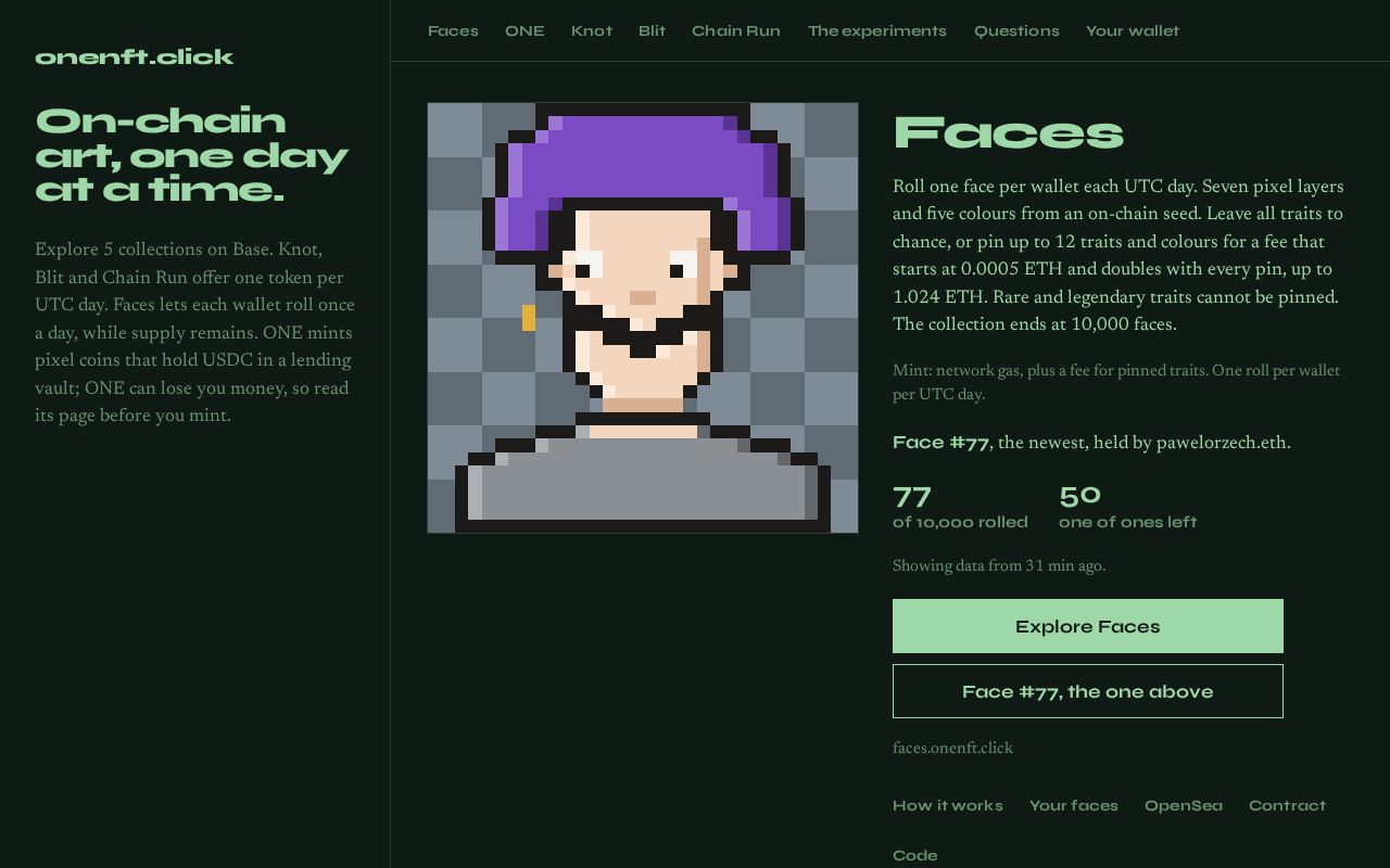Preview of onenft.click, on-chain art, one day at a time
