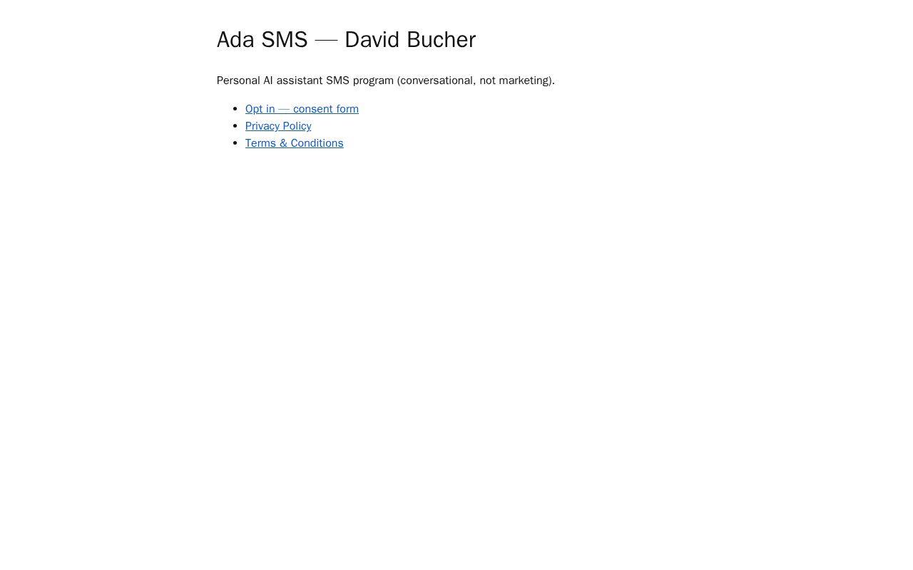 Preview of Public Privacy Policy and Terms for David Bucher Ada SMS (A2P 10DLC)