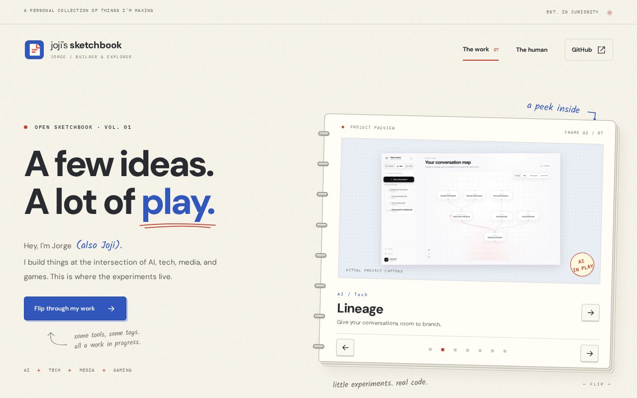 Preview of Joji's sketchbook — an interactive portfolio of AI, tech, media, and gaming experiments