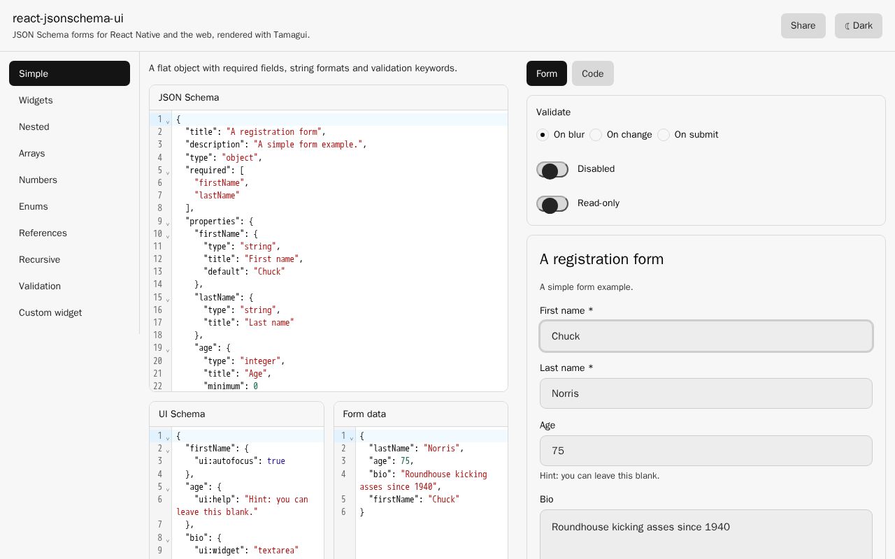 Preview of React Jsonschema Ui