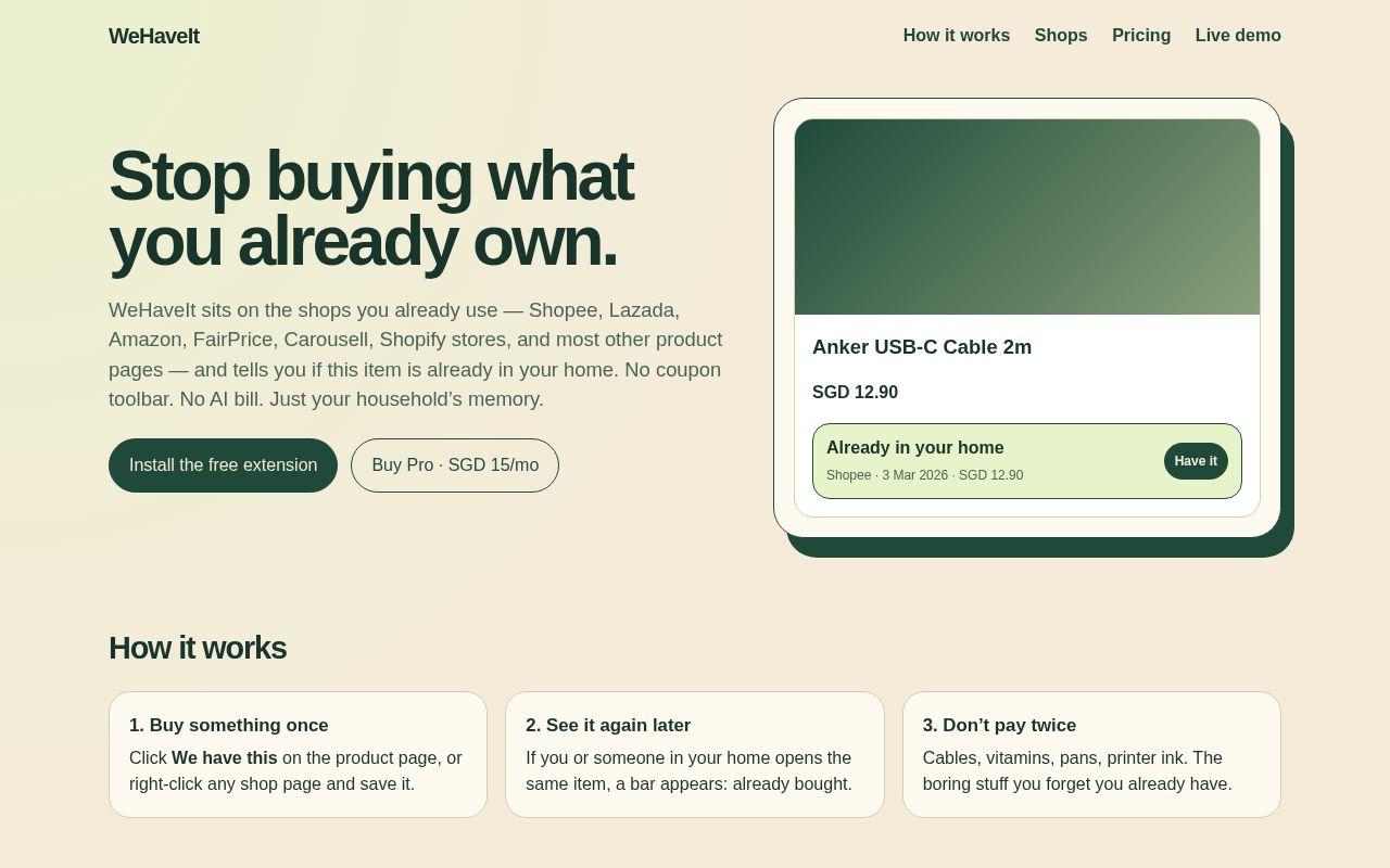 Preview of WeHaveIt Chrome extension — stop buying what you already own