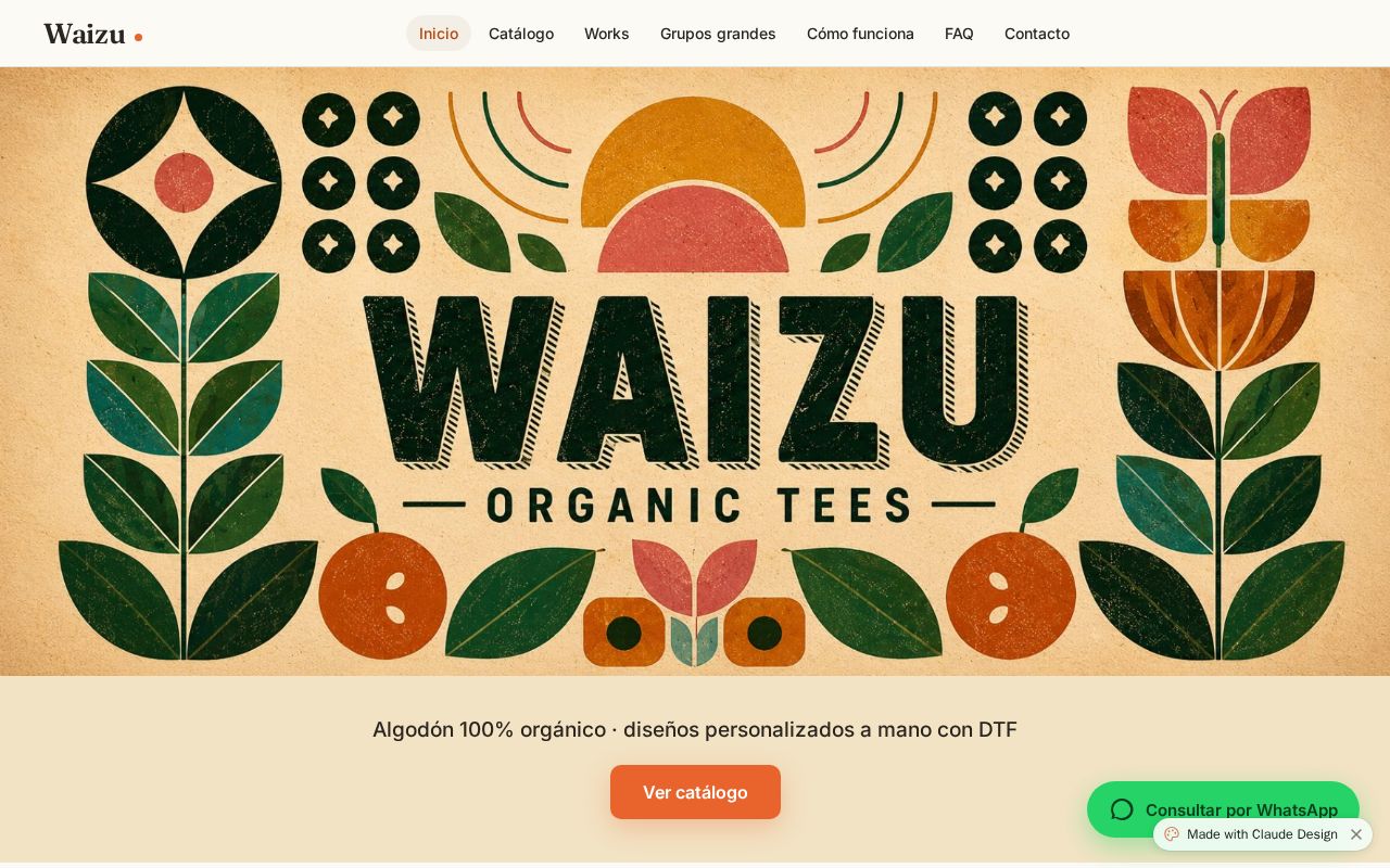 Preview of Landing page de Waizu (algodón orgánico, personalización DTF, Guadalajara)