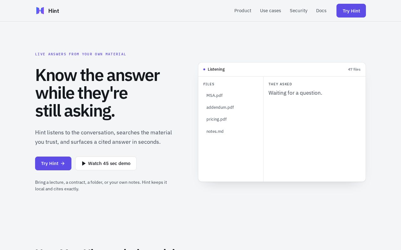 Preview of MeetHint — Browser meeting copilot. Cite or silence.
