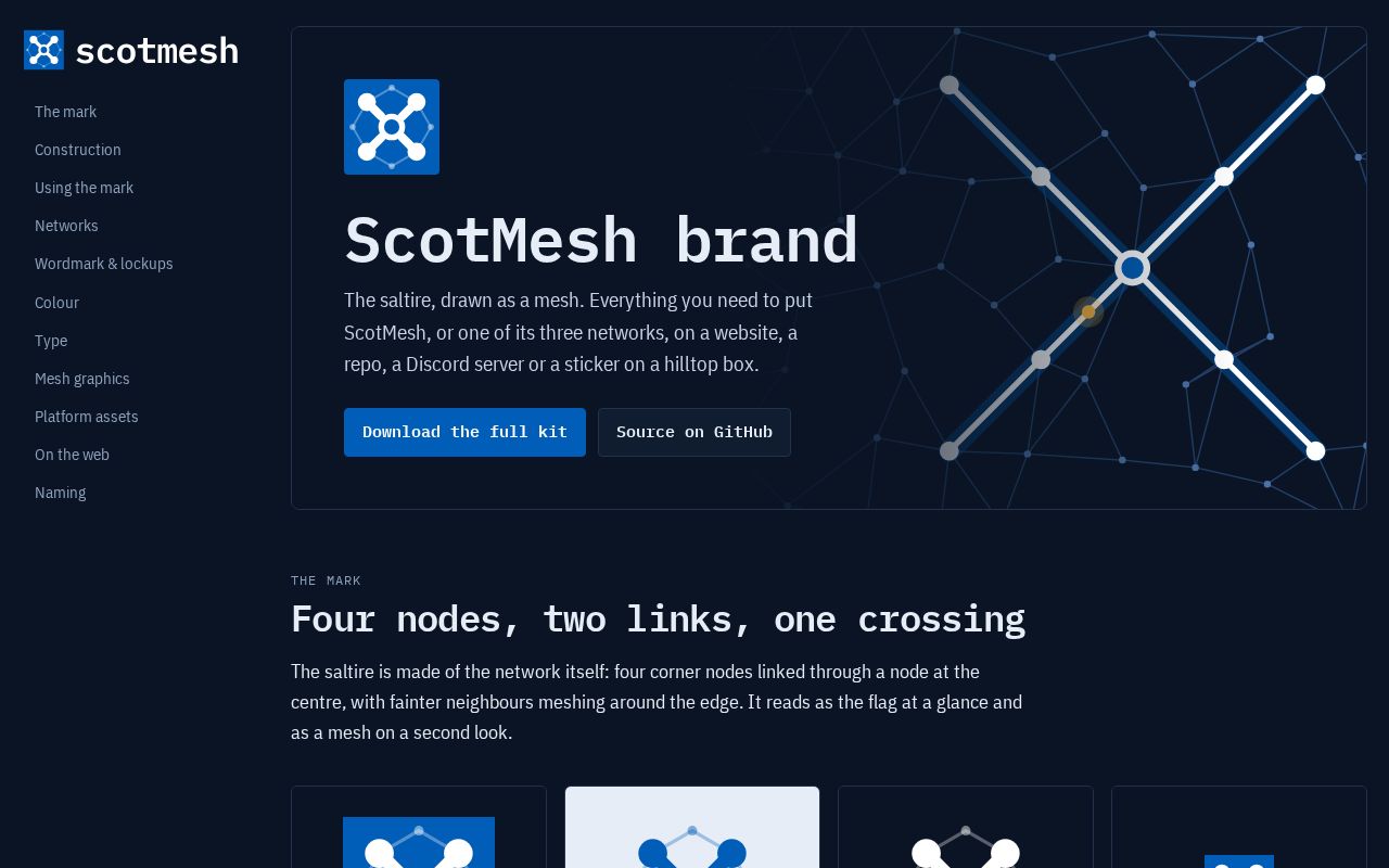 Preview of ScotMesh brand kit: logo, colours, type and social graphics