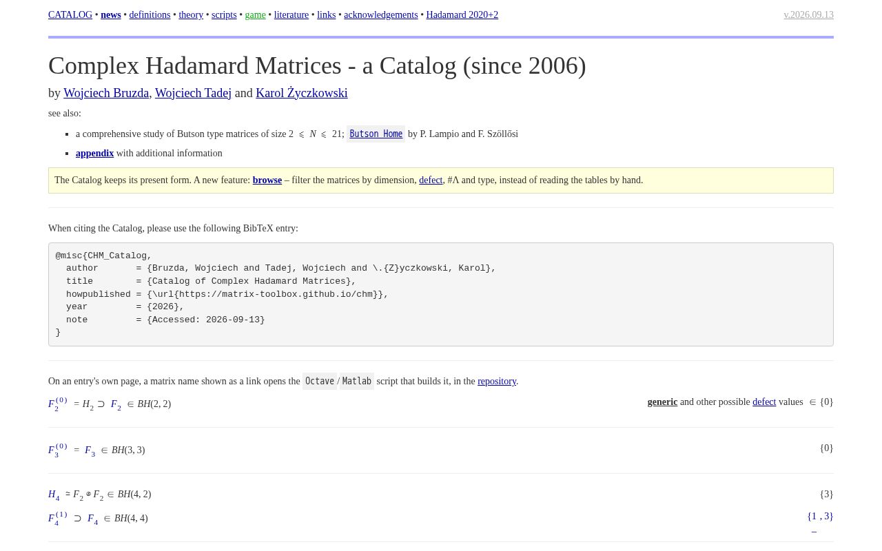 Preview of Catalog of Complex Hadamard Matrices, associated scripts and other data.