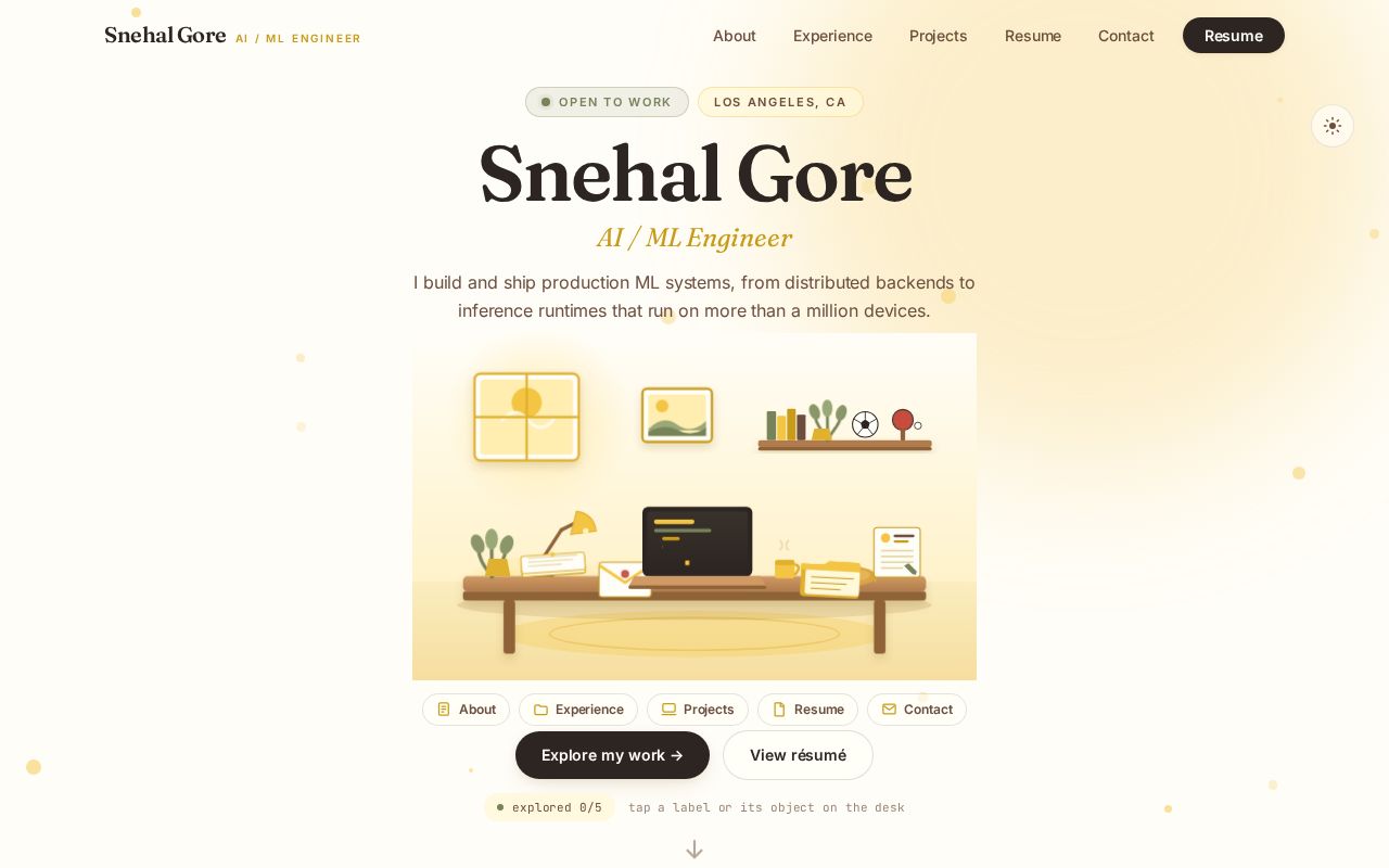 Preview of Snehal Gore — AI/ML Engineer. An interactive 'Little Yellow Studio' portfolio.