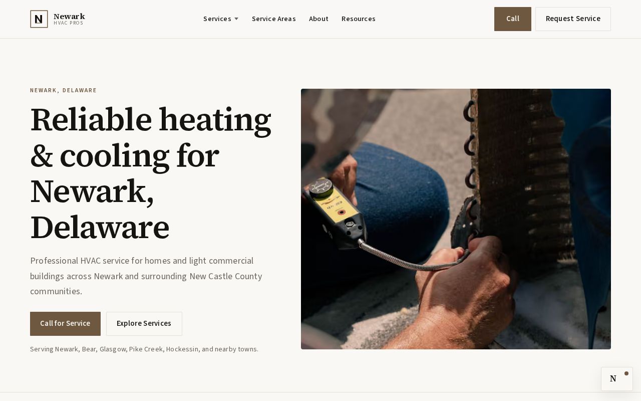 Preview of Newark, Delaware HVAC pay-per-call website