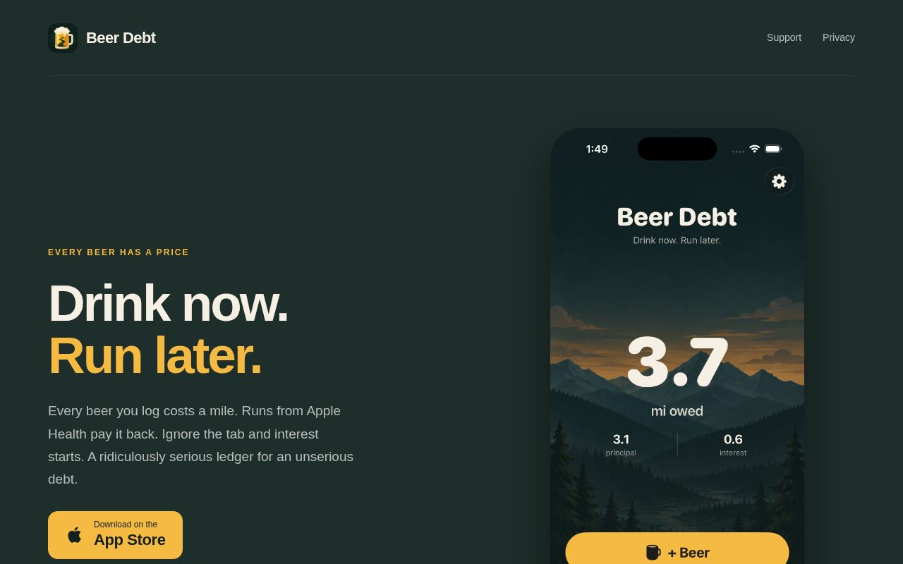 Preview of Beer Debt iOS app — drink now, run later. Beer becomes mileage debt, runs pay it back.