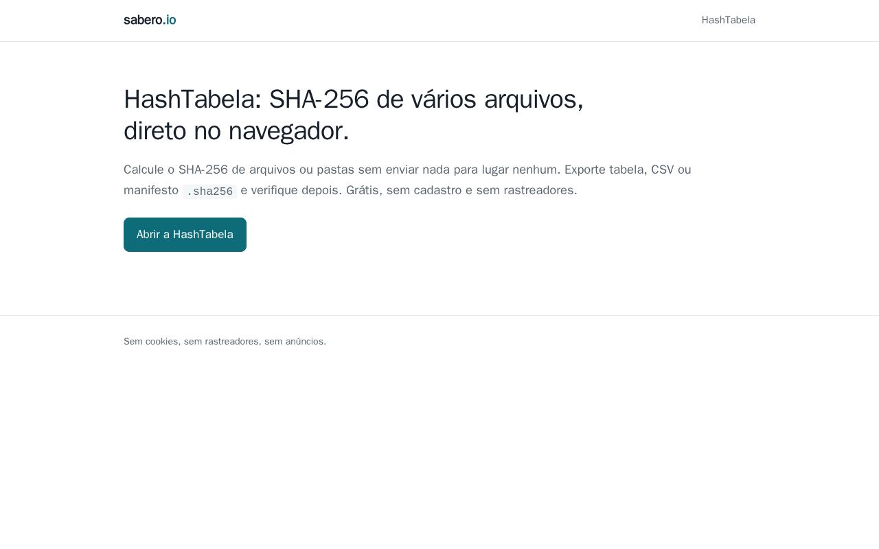Preview of sabero.io: HashTabela, SHA-256 no navegador