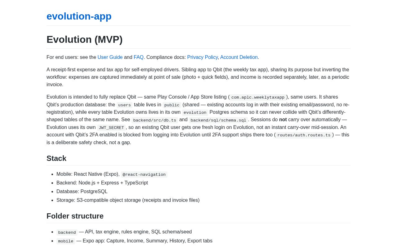 Preview of Evolution — receipt-first expense/tax app, sibling to weekly-tax-app