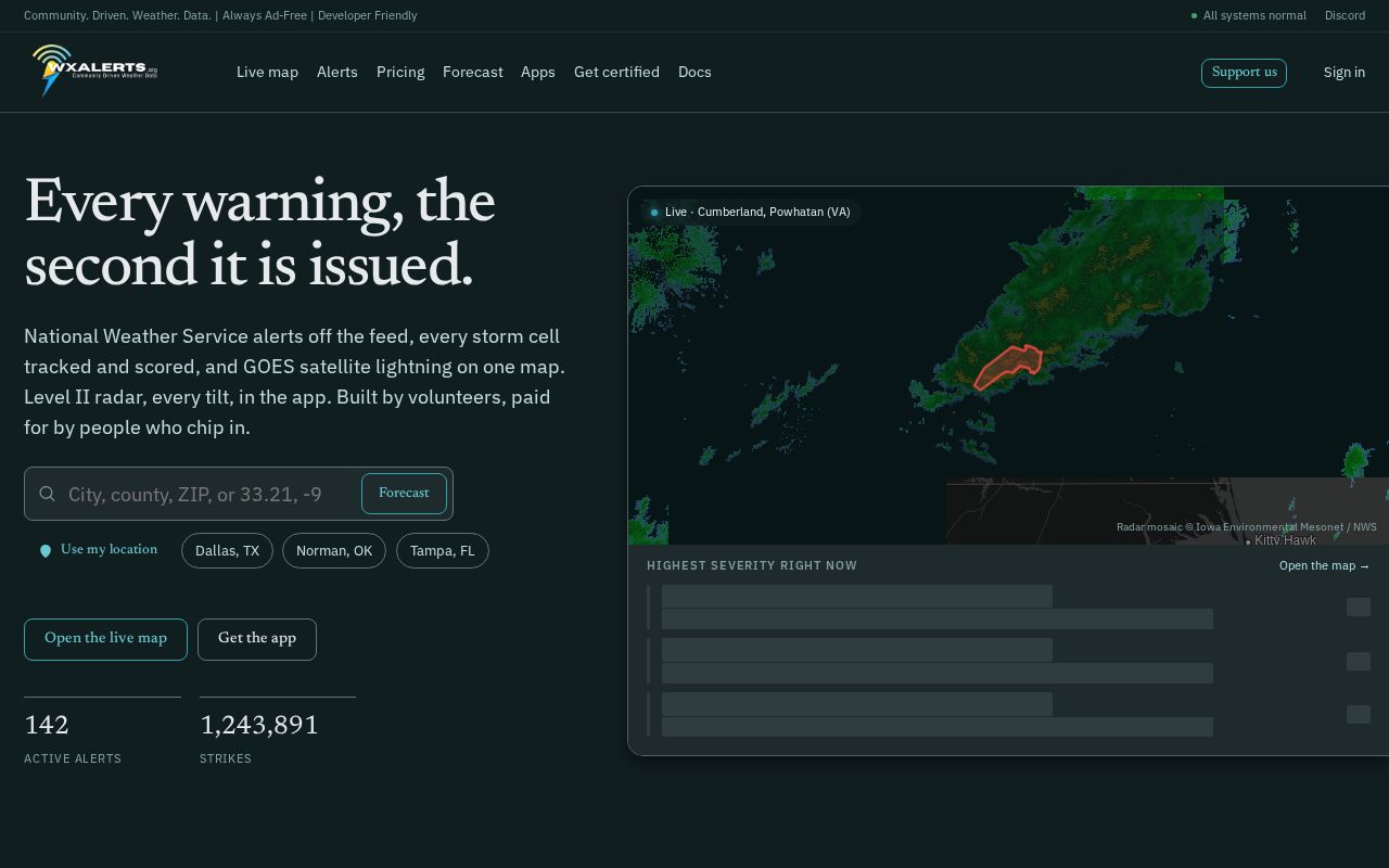 Preview of Severe Weather Alerts, Forecasts and Live Radar | WxAlerts.org