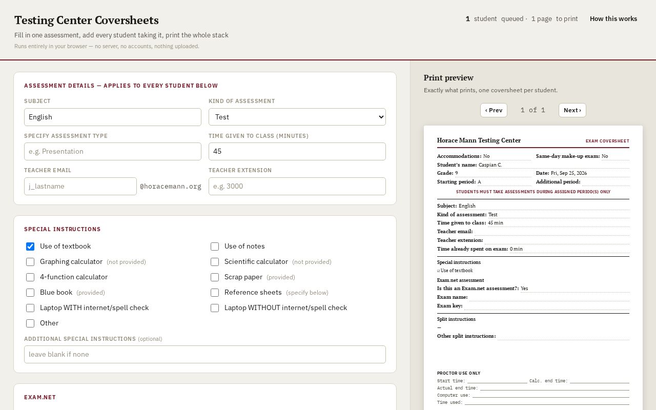 Preview of Testing Center Coversheets