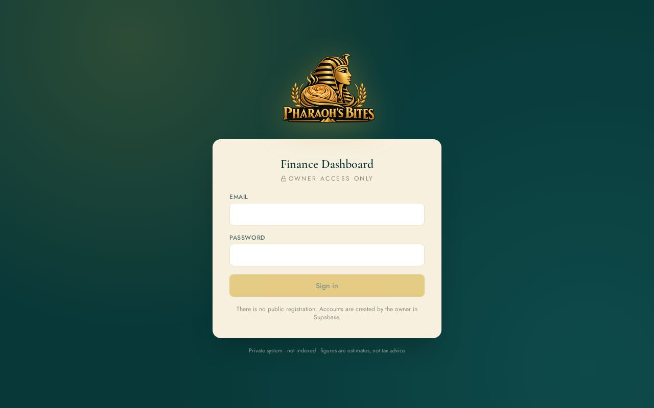 Preview of Private owner-only finance dashboard for Pharaoh's Bites (React + Supabase)