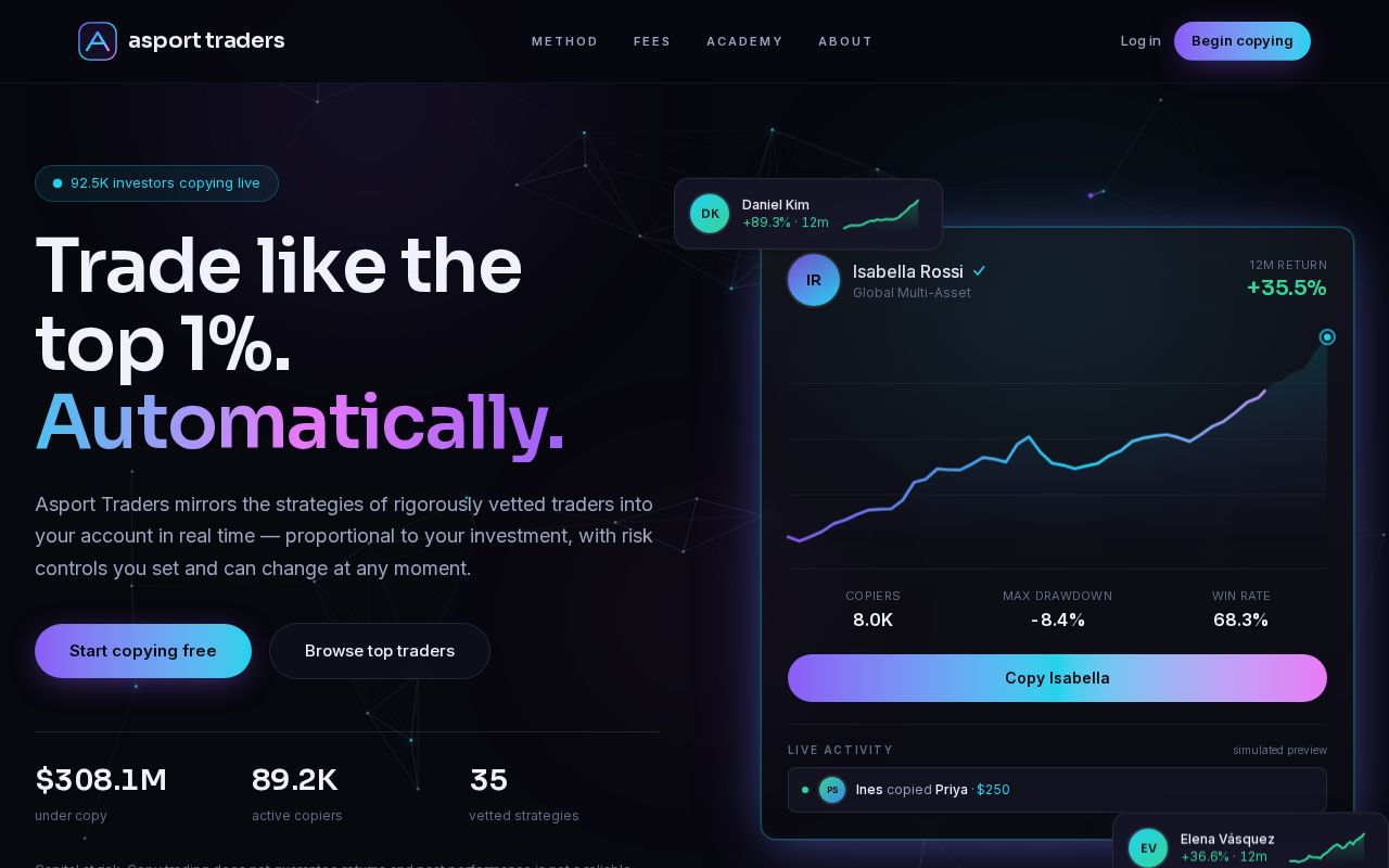 Preview of Mirrova — professional copy trading platform (Next.js 16, Tailwind v4)