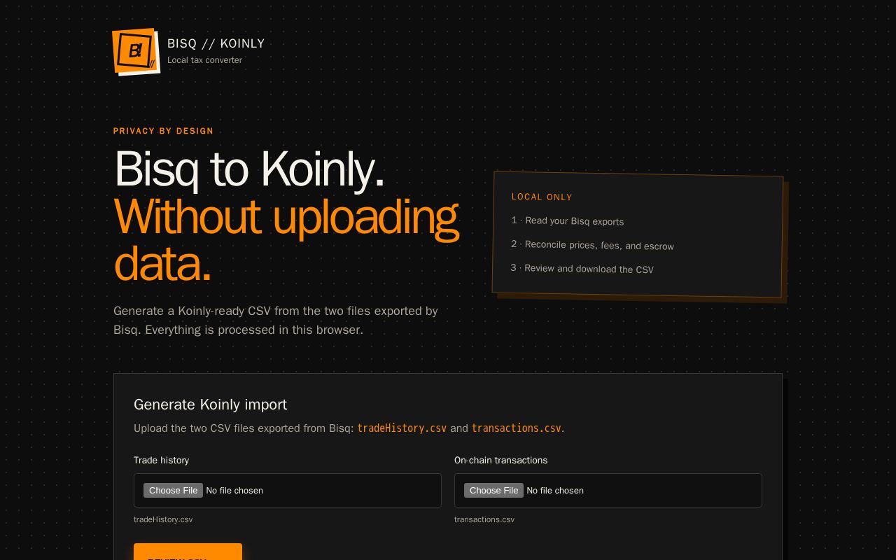 Preview of Private, client-side Bisq transaction converter for Koinly CSV exports