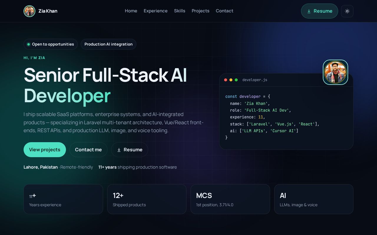 Preview of Public portfolio of Zia Khan — Principal Software Engineer