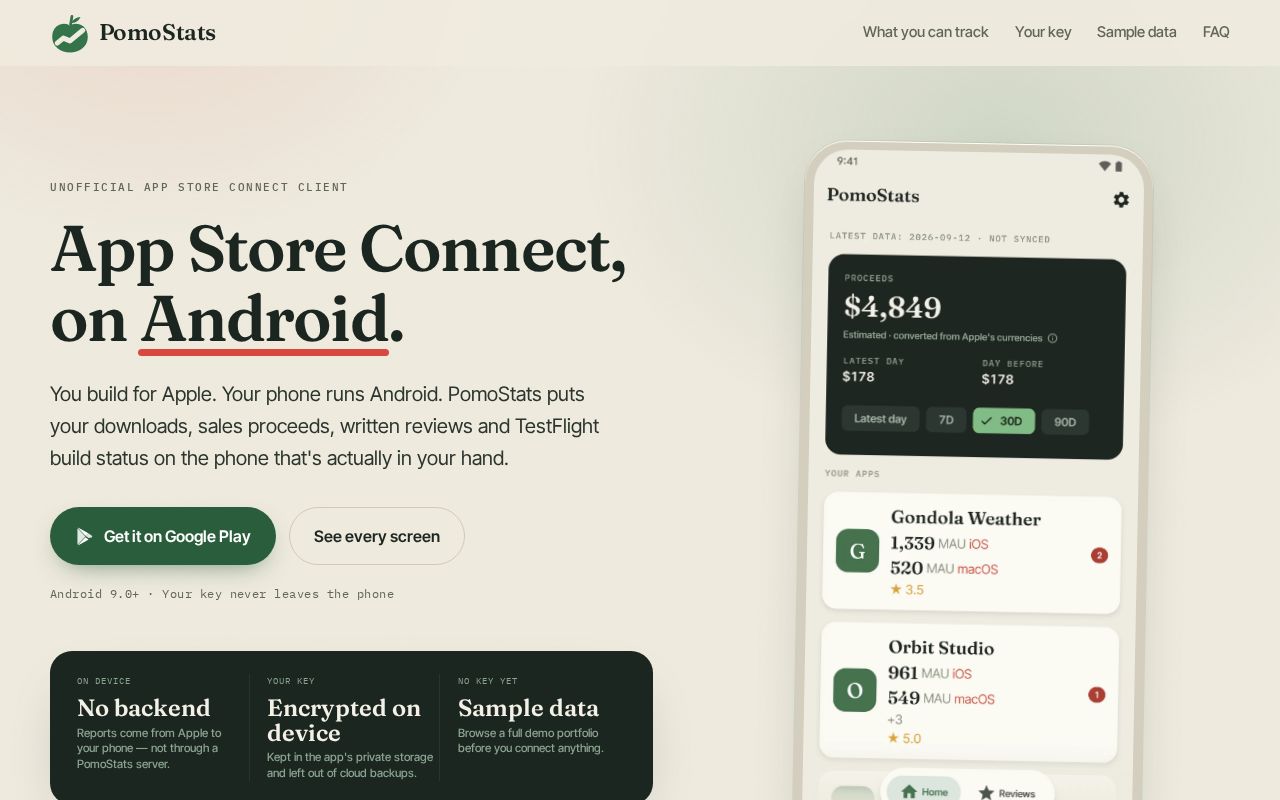 Preview of Landing page for PomoStats — App Store Connect stats on Android